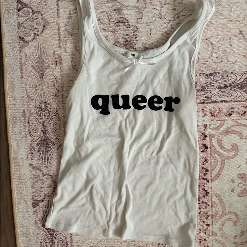 White Tank Top with Black 'Queer' Print